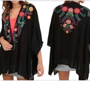 UMGEE USA Embroidered Colorful Floral Black Kimono Layering Plus Size XL/1XL